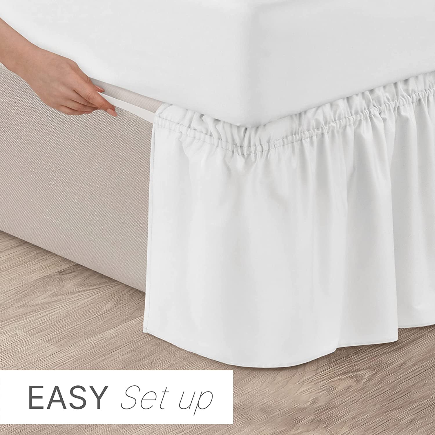 CGK Linens Wrap Around Dust Ruffle Bed Skirt - For Queen Size Bed With 15 Inch Drop, Easy Fit Elastic Strap - Pleated Bedskirt, White