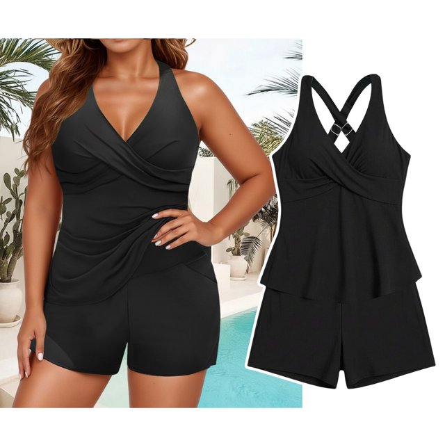 Plus Size Tankini Swimsuits for Women Adjustable Strap V Neck Tankini Tops with Swim Shorts Two Piece Bathing Suits