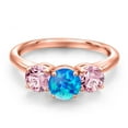 thumbnail image 3 of Gem Stone King 18K Rose Gold Plated Silver Simulated Blue Opal and Pink Lab Grown Diamond Engagement Ring for Women | 1.30 Cttw | Round Cabochon 6MM | Gemstone October Birthstone | Size 7, 3 of 6