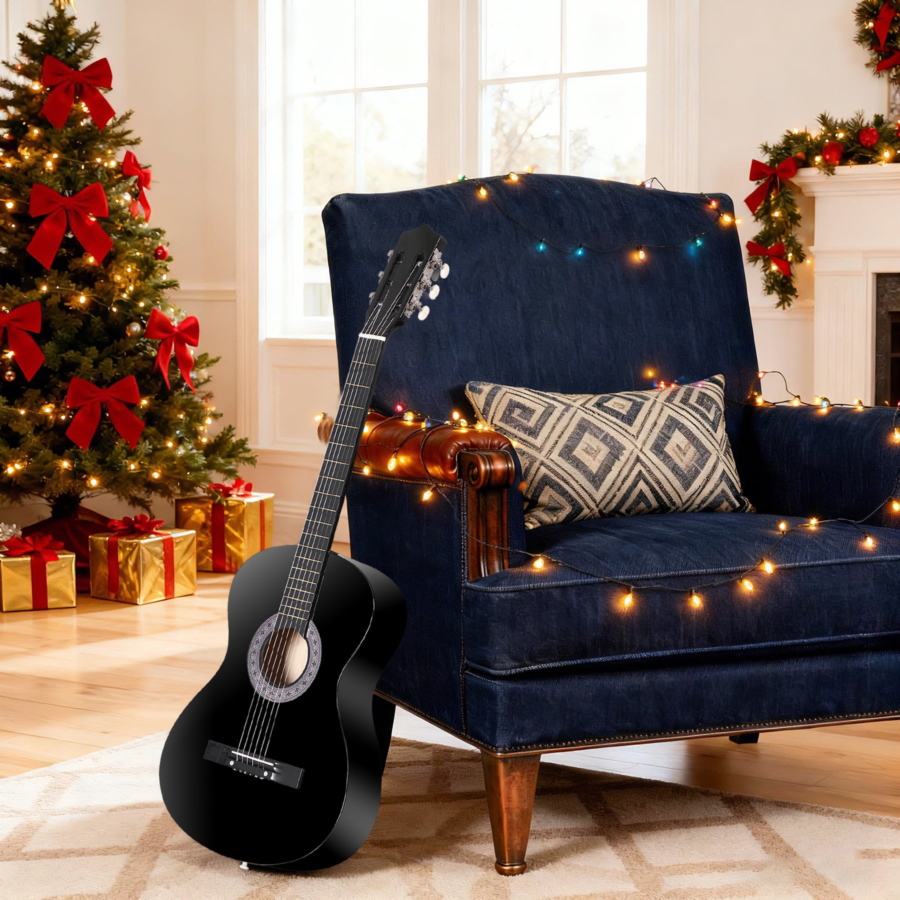 SuperDeal 38-Inch Round Shoulder Acoustic Guitar Kit 6 Strings Full Size Classic Beginners Children Adults All-Solid Wood with Carrying Case, Strap, Tuner and Pick, Black