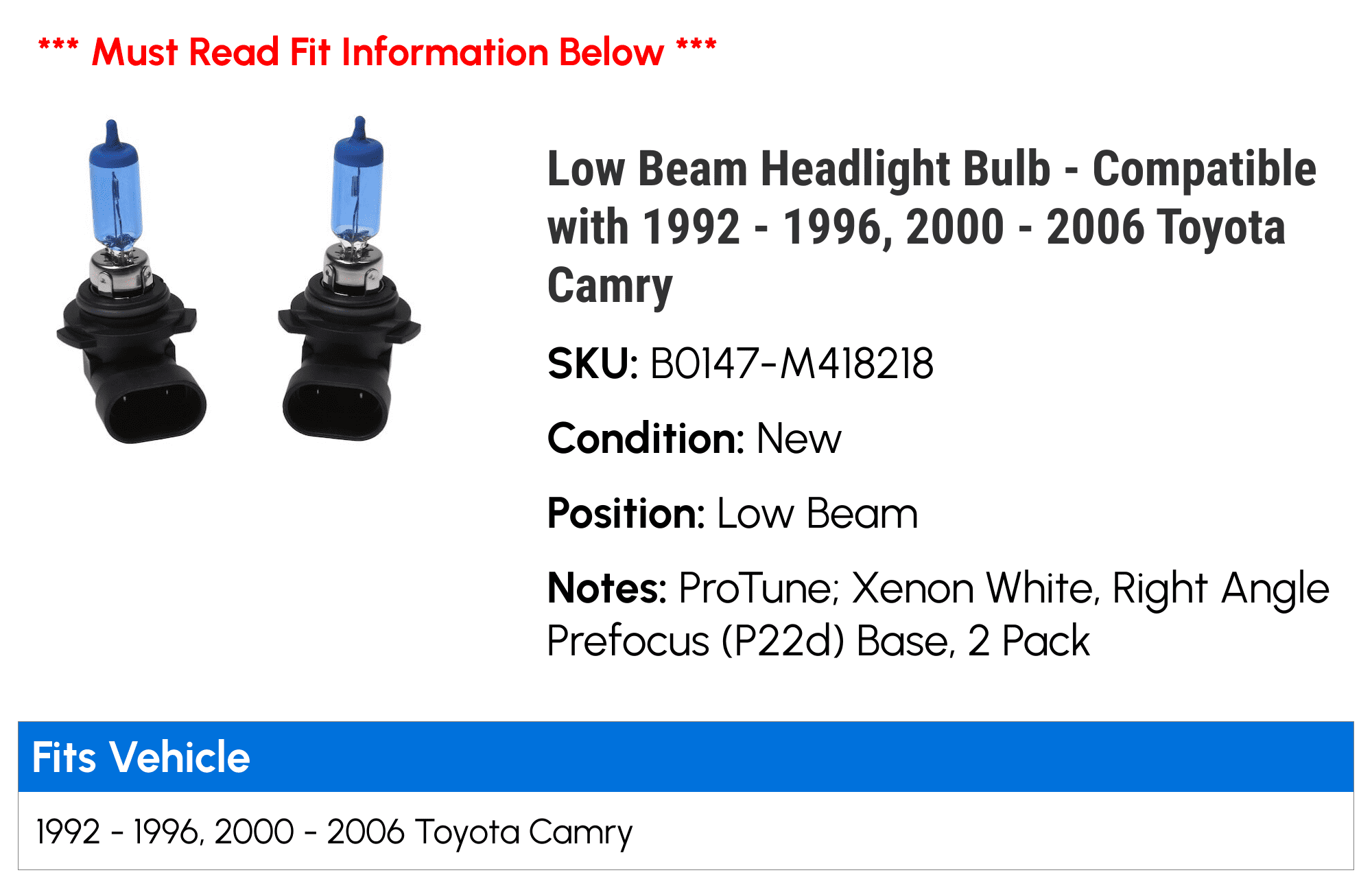 Low Beam Headlight Bulb - Compatible with 1992 - 1996, 2000 - 2006 Toyota Camry 1993 1994 1995 2001 2002 2003 2004 2005
