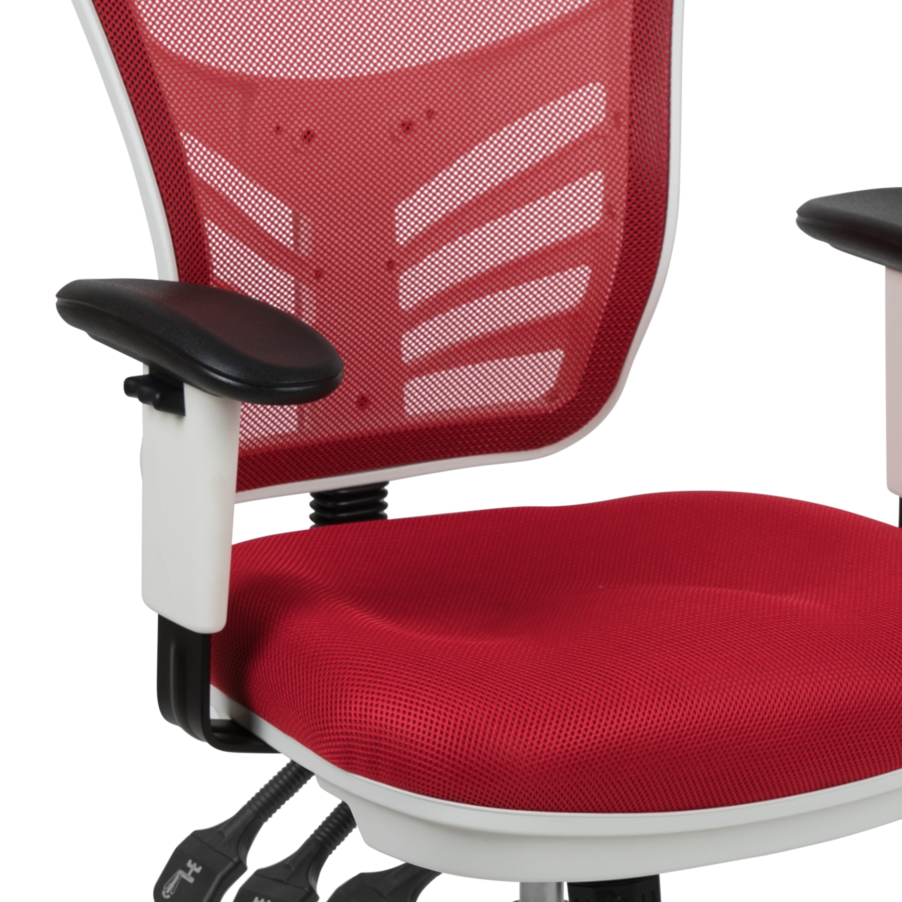 Flash Furniture Mid-Back Red Mesh Multifunction Executive Swivel Ergonomic Office Chair with Adjustable Arms and White Frame