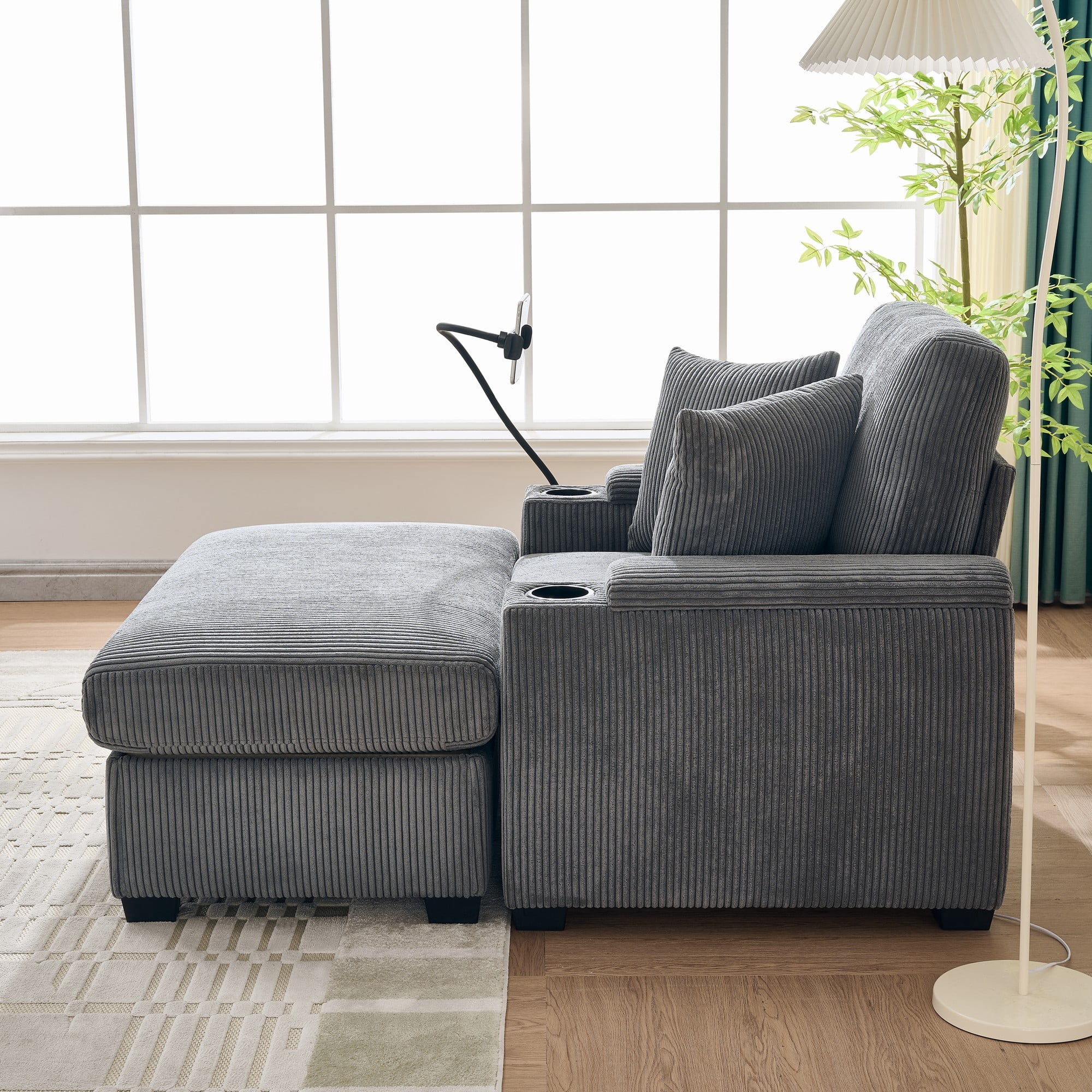 Euroco 55" Oversized Chaise Lounge Chair Indoor with Ottoman and Storage, Comfy Corduroy Sleeper Chair with Cup Holder,Mobile Phone Stand&USB Charging Port