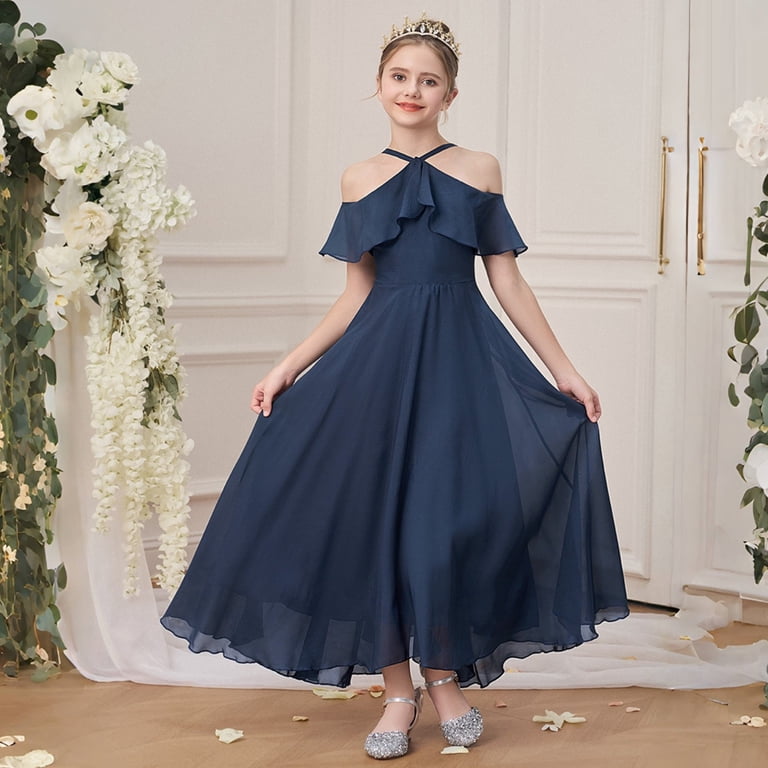 Fyduu Flower Girl Dresses Elegant Wedding Pageant Maxi Dress Formal Gown Halter Neck A-Line Holiday Birthday Party Dress for Girls 10-11 Years, Girl's