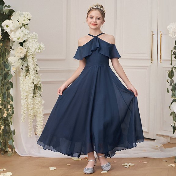 HAYIMI Child Elegant Girls Formal Gown Halter Neck Chiffon Long Dress For Party And Events Sleeveless Sweet Dresses