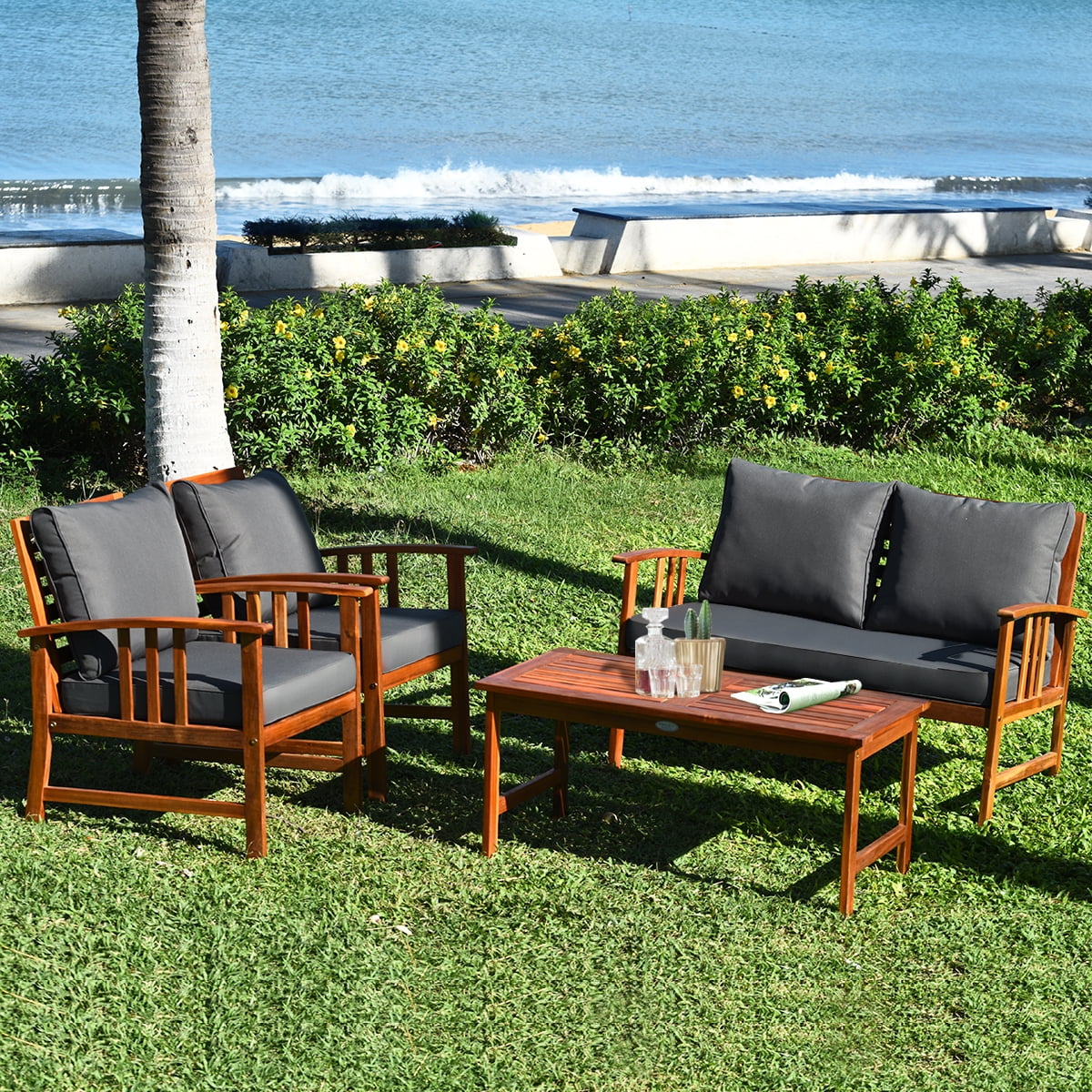 Costway 4PCS Wooden Patio Furniture Set Table Sofa Chair Cushioned Garden NEW