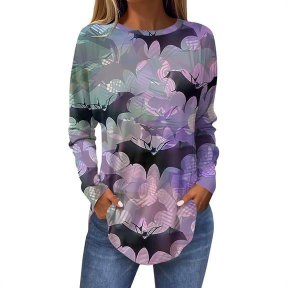 JULMCOMO Halloween Shirts for Women Funny Pumpkin Bat Castle Print Round Neck Long Sleeve Shirts Halloween Costume Holiday Tunic Tops Light Purple 2XL