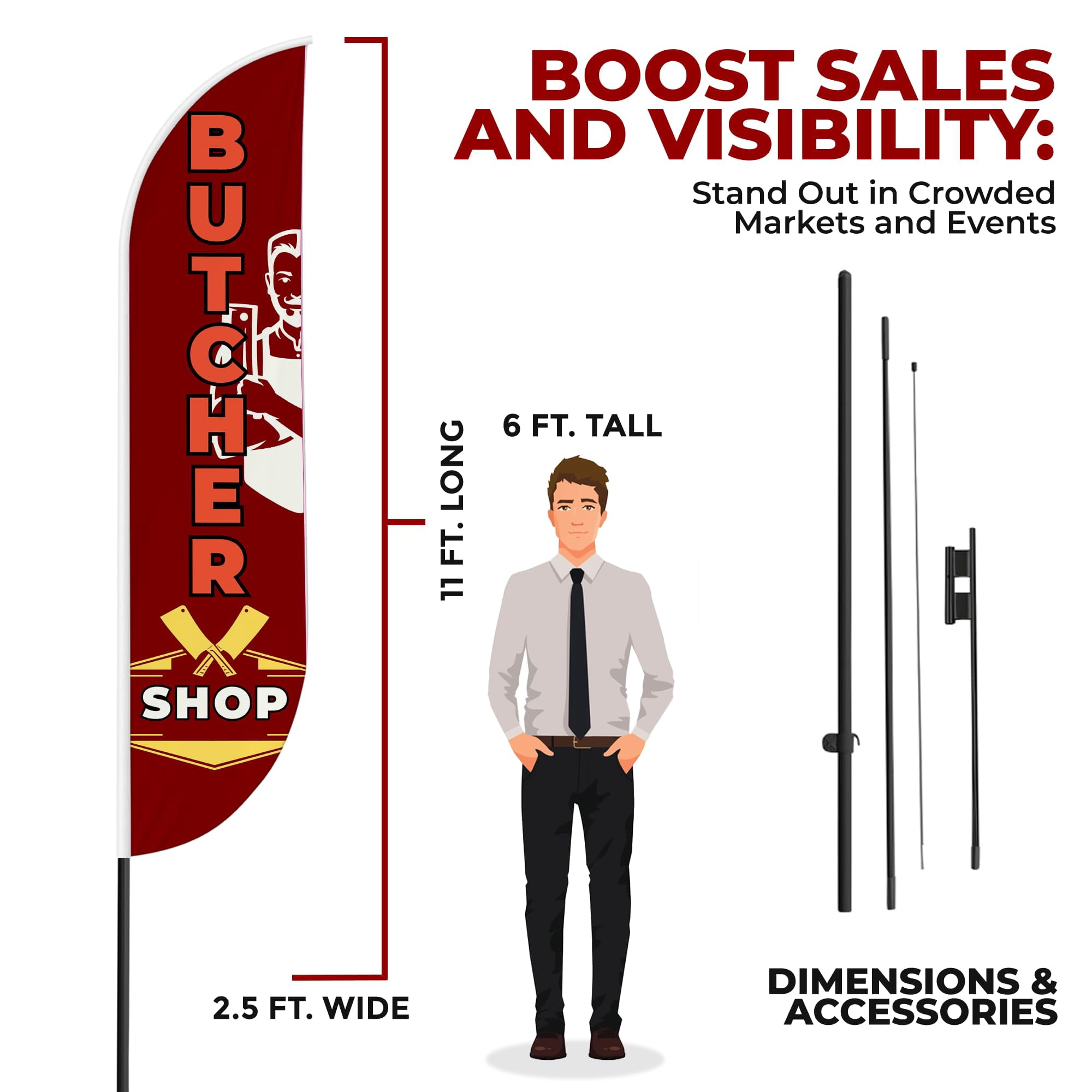 Butcher Shop Sign feather flag Pole Mount Outdoor by Mavis Printing-15 FEET Long Polyester Outdoor Banner Flag Easy Hang | HD Print Swooper Flag Pole Kit Advertise Butcher Shop Business