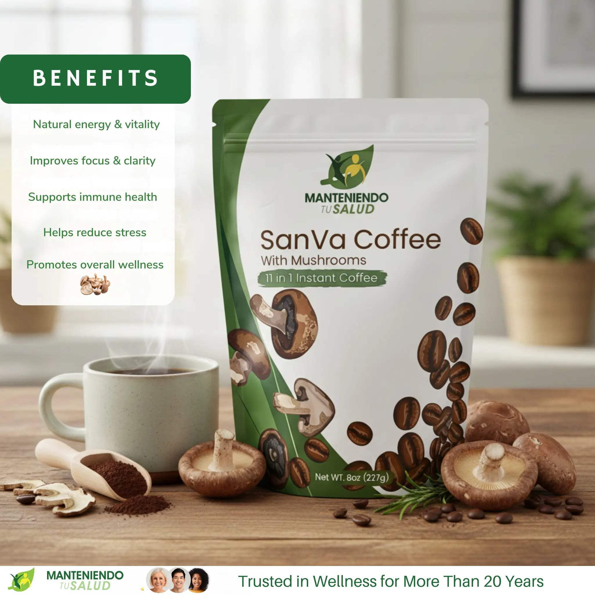 Manteniendo Tu Salud Instant Coffee with 11 Mushrooms Gluten-Free Naturally Caffeinated 8 Oz