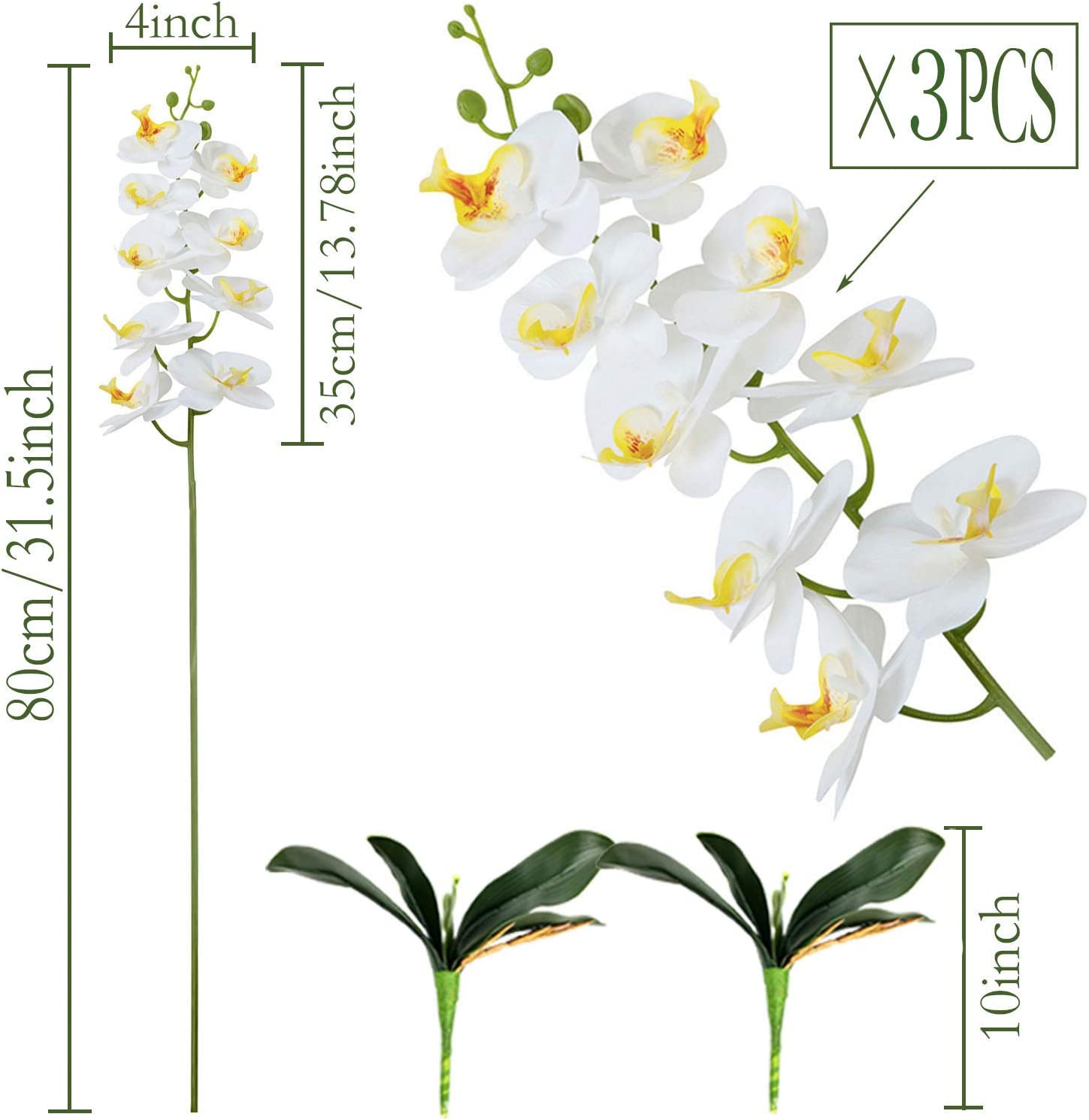 3Artificial Silk Phalaenopsis Flowers with Leaves Artificial Orchid Flowers Stem Plants in Fake Butterfly Phalaenopsis Flowers for Home Wedding Party Décor (White)