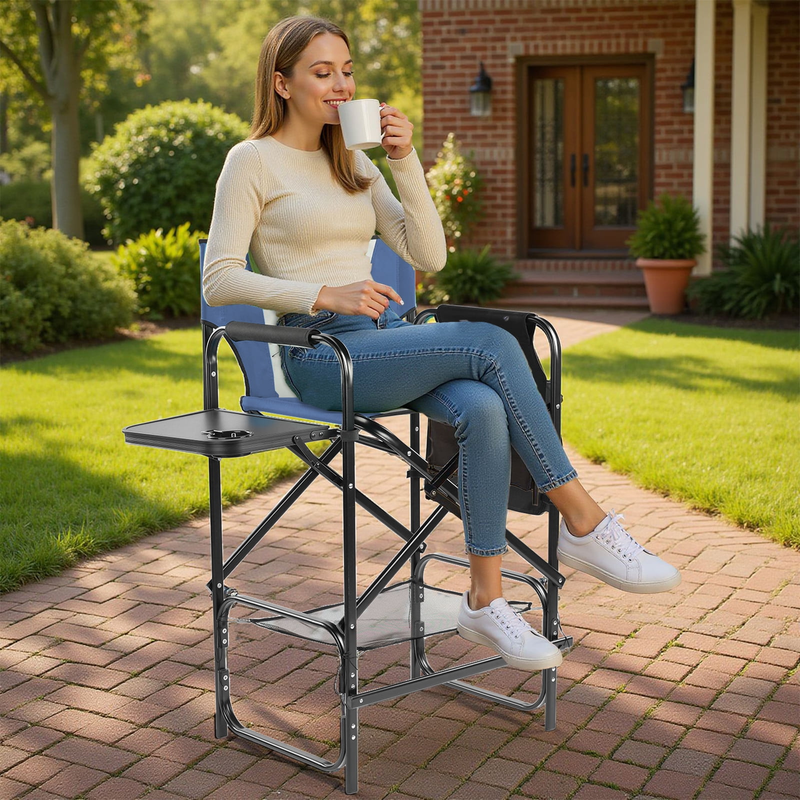 31" Tall Directors Chair with Footrest, 4 Portable Bar Height Folding Camping Chair with Built-in Cup Holder, Side Table, Storage Pocket