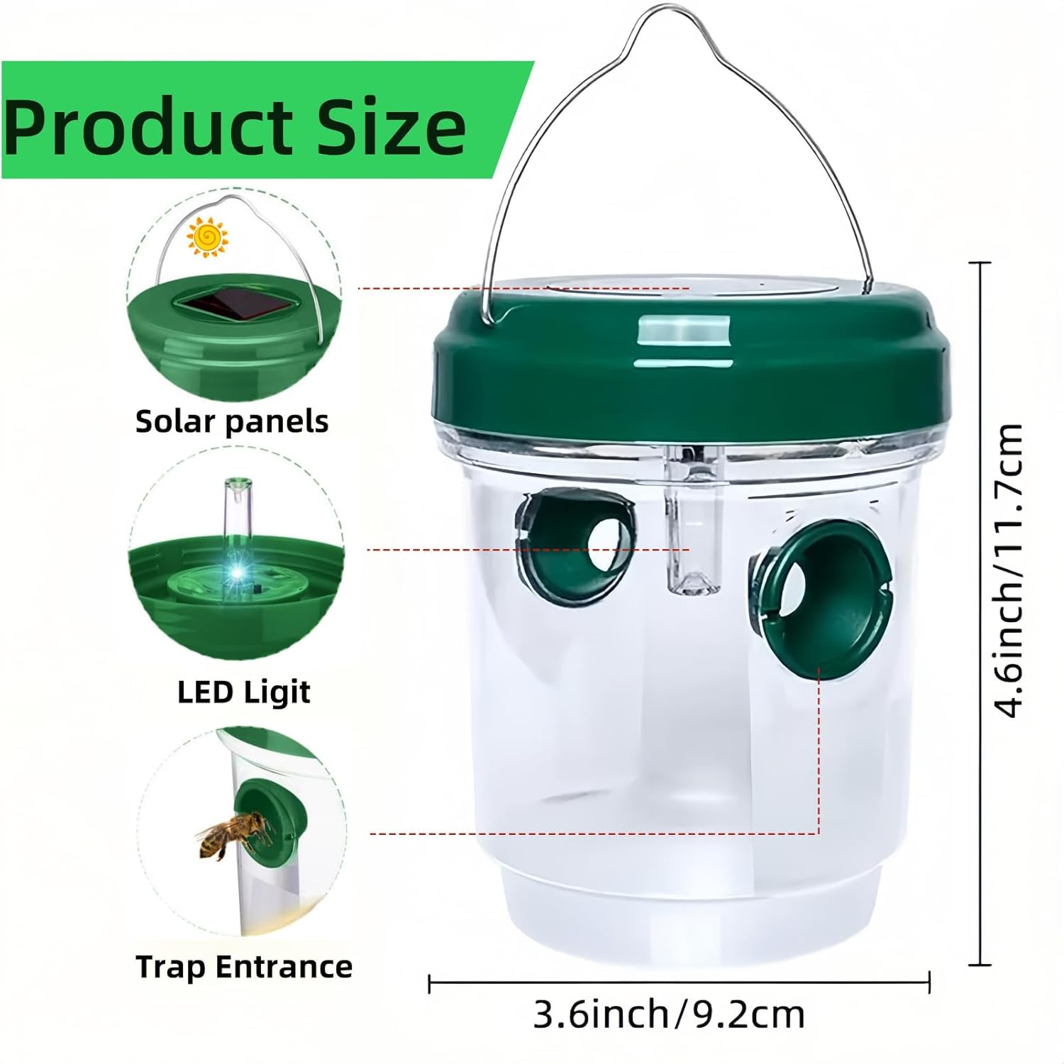 4-Pack Solar Wasp Traps Outdoor Hanging – LED Bee & Hornet Trap, Yellow Jacket Catcher, Reusable Wasp Deterrent for Garden, Orchard & Indoor Use