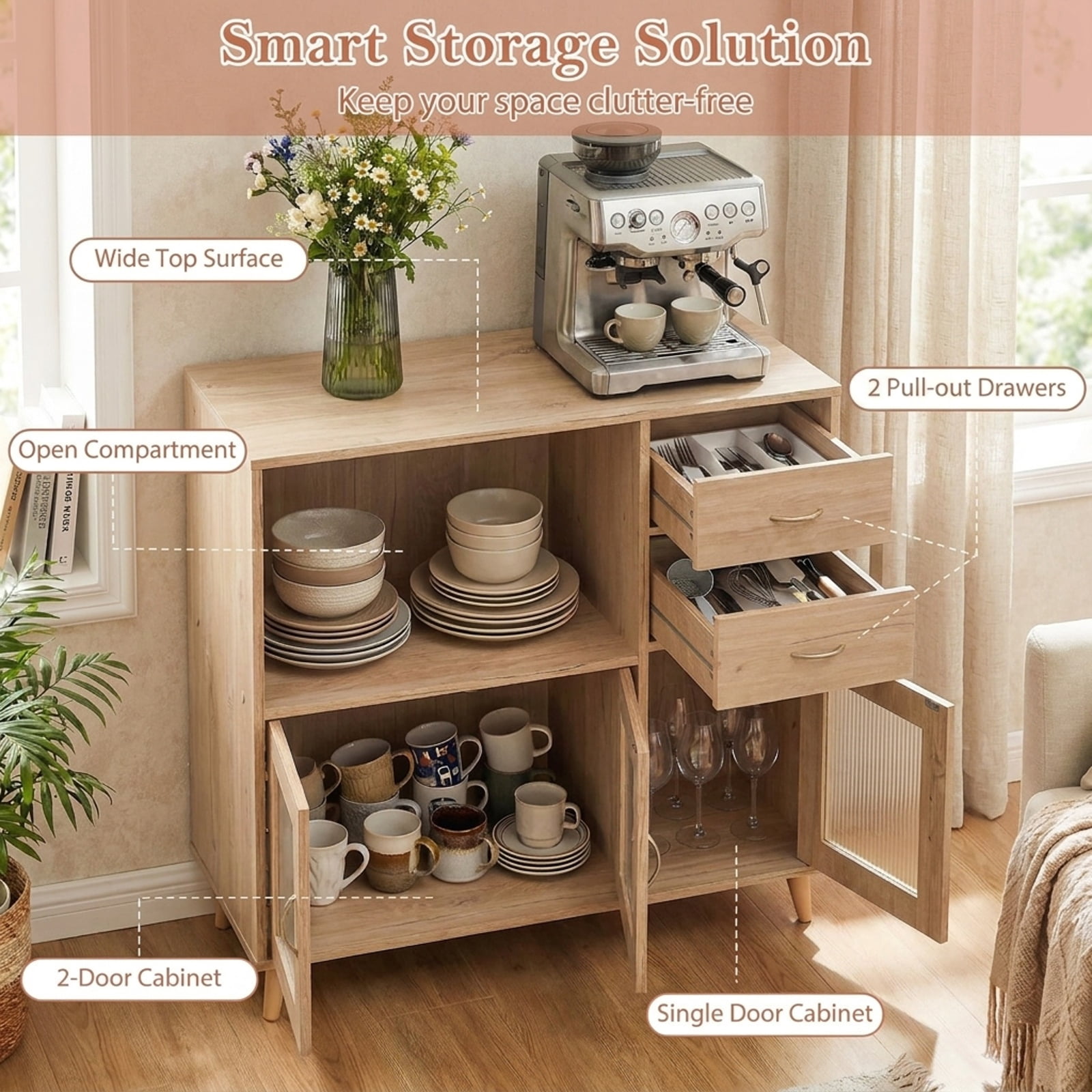 Furnibear 36 Inch Sideboard Buffet Cabinet with Open Compartment for Kitchen Dining Living Room Buffet Storage Server, Natural