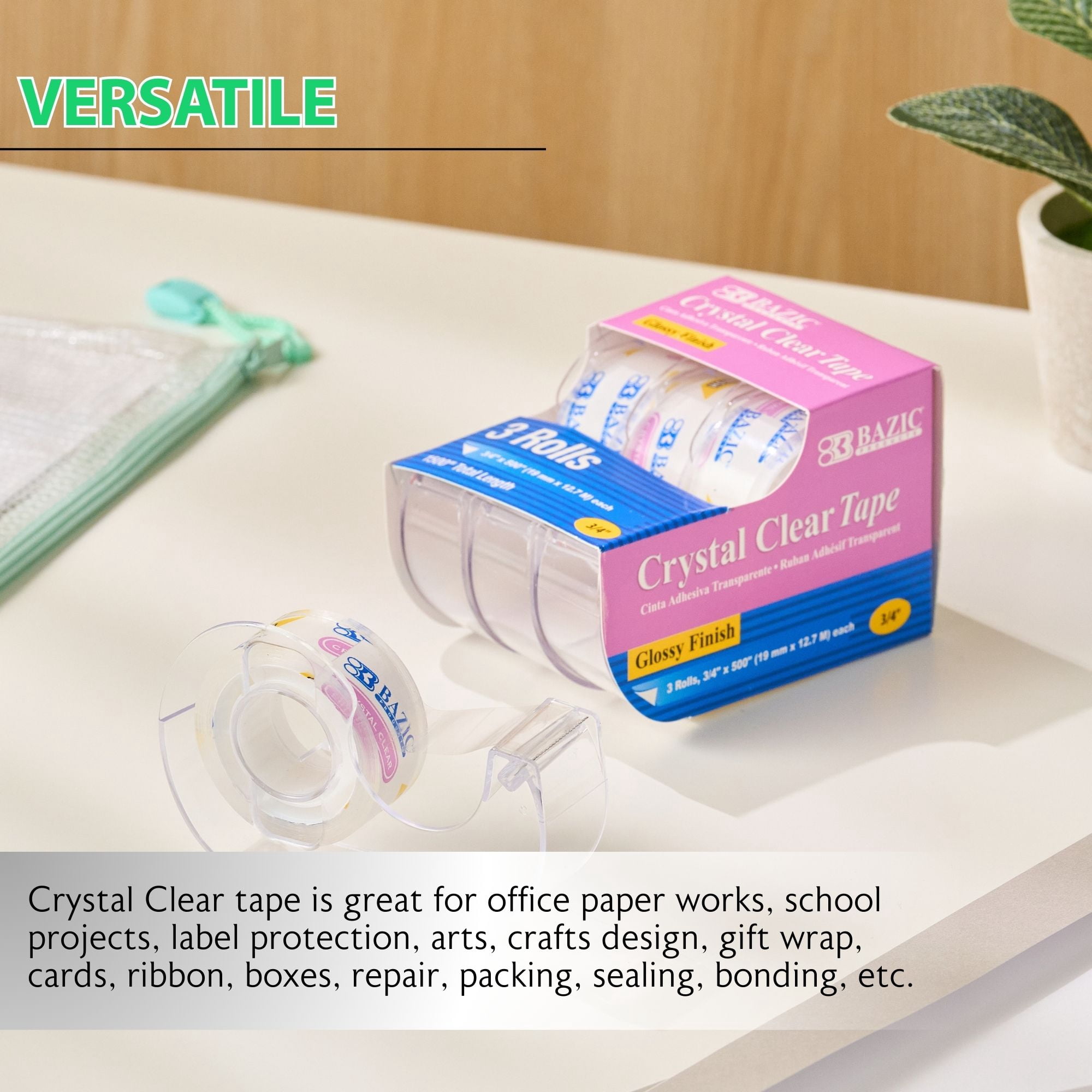 BAZIC Crystal Clear Tape w/ Dispenser 3/4" X 500", Glossy Finish, (3/Pack), 24-Pack