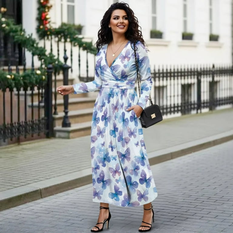 Butterfly Sleeve Long Blue Maxi Dress With Sleeves Blue Butterfly Print Long-Sleeve  Maxi Dress
