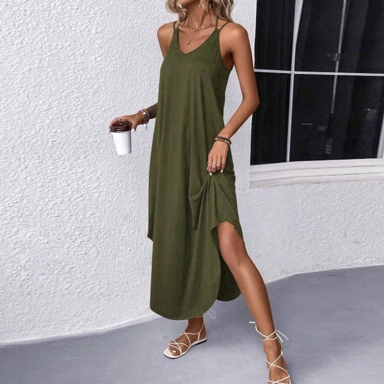 curved hem maxi dress tuduoms Women's Crisscross O-Ring Halter Maxi Dress Summer Pockets  Sleeveless Curved Hem Split Dress Summer Beach Sundress Black at Amazon  Women's Clothing store