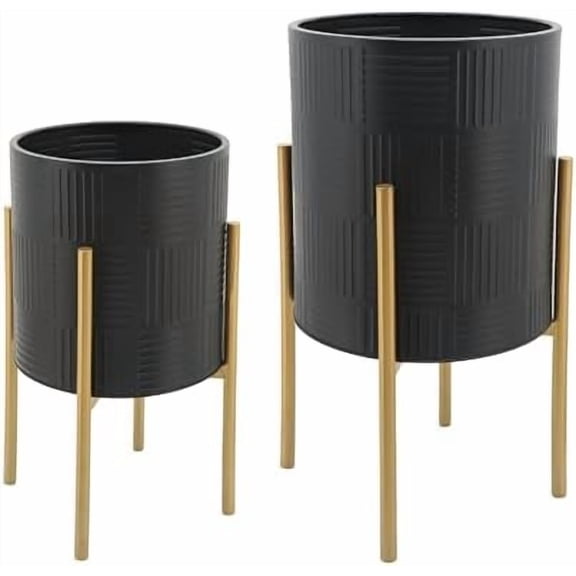 Decorative Flower Pots with Metal Stand for Home Decor - Modern Planters for Hallway, Entryway, and Living Room Decor - Indoor and Outdoor Pots for Plants - Set of 2, 23", 19", Black & Gold
