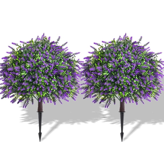 Lumikrypt 2Set 26.3Inch Artificial Lavender Boxwood Topiary Ball Bush with Ground Spike,Artificial Topiary Ball Trees with Lavender,ArtificialPlants for Outdoor Front Porch Decor UV Resistant