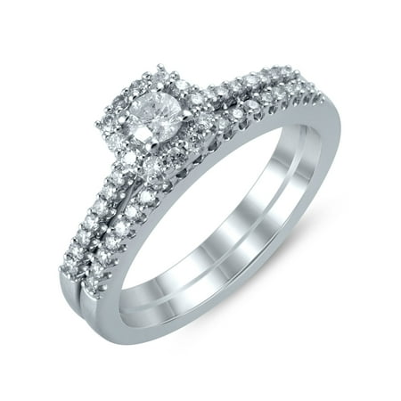 ONLINE - 14K White Gold 1/2 Carat Total Weight Genuine Diamond Halo Bridal Ring Set - www.strongerinc.org