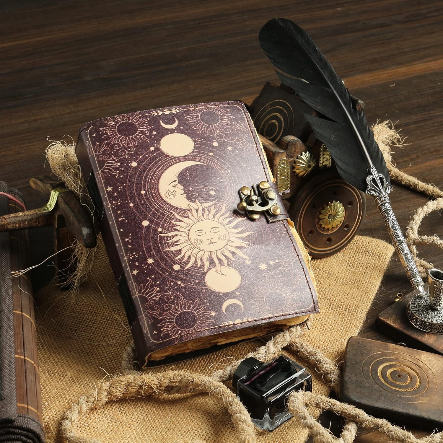 Sun Moon Leather Journal for Men & Women - Blank Spell Book of Shadows Grimoire Witchy Journal, 200 Deckle Edge Vintage Paper, Leather Journal, Gothic Gift (8x6)