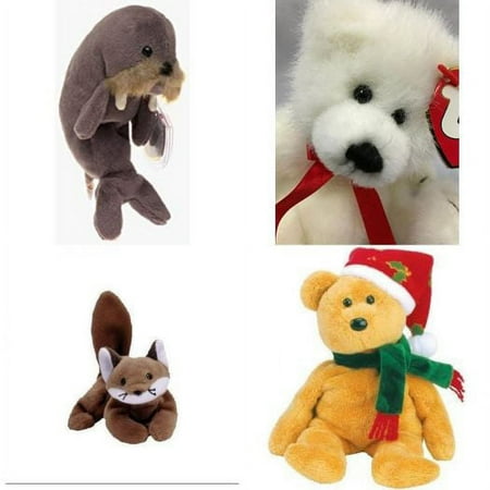 Assorted Ty Beanie Baby 4 Pack Bundle: Ty Beanie Babies - Jolly The Walrus, Ty Attic Treasure - Amore the Bear, Ty Beanie Baby - Sly The Fox 1996 Retired, TY 2003 Holiday Teddy Beanie Baby by TY XMAS