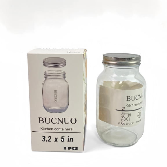 BUCNUO Kitchen containers,Glass Regular Mouth Mason Jars, 16 oz Clear Glass Jars with Silver Metal Lids for Sealing, Canning Jars for Food Storage, Overnight Oats