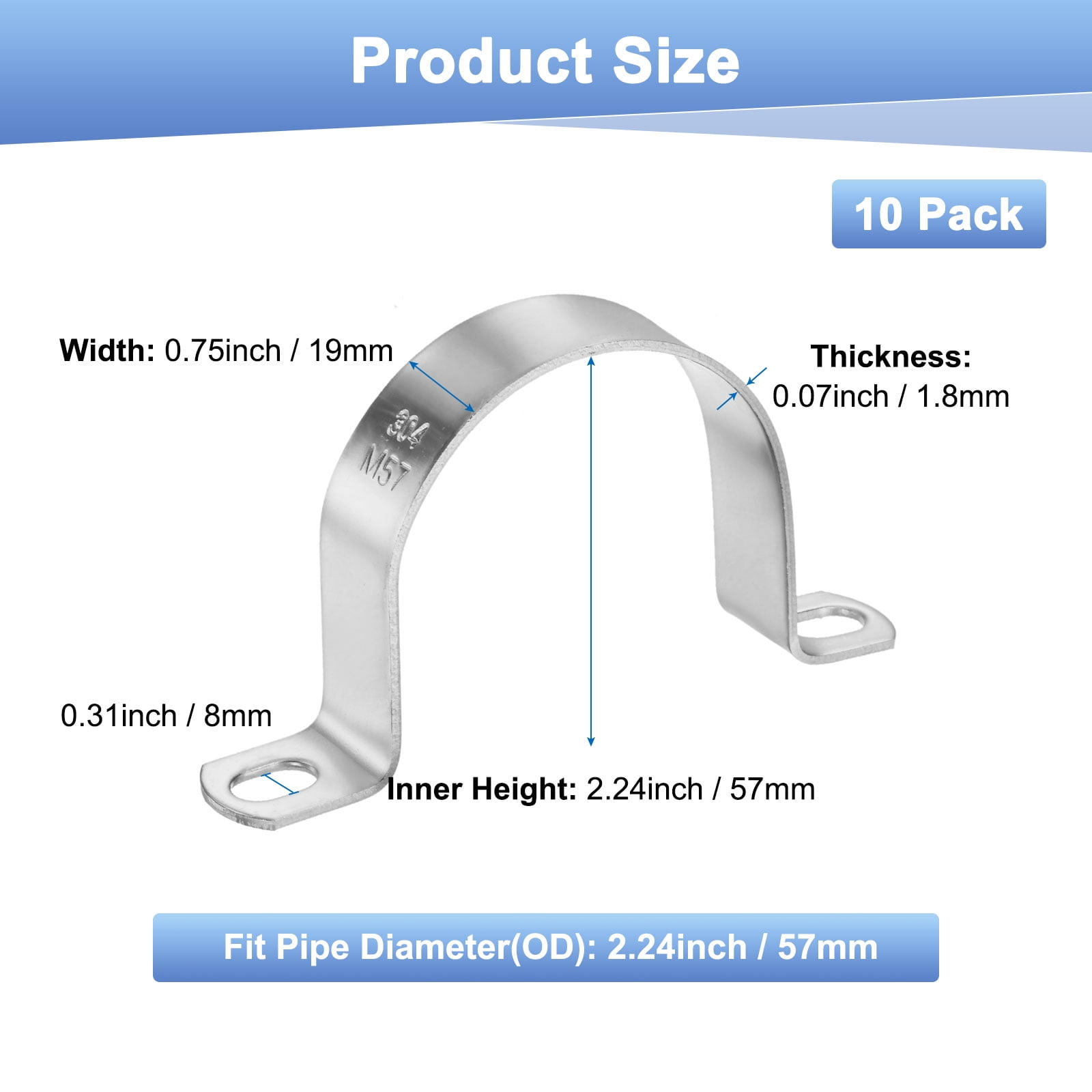 Uxcell 10-Pack Conduit Clamps, 2-1/4" 304 Stainless Steel Rigid Pipe Strap M57 U Bracket Pipe Clamps for Plumbing