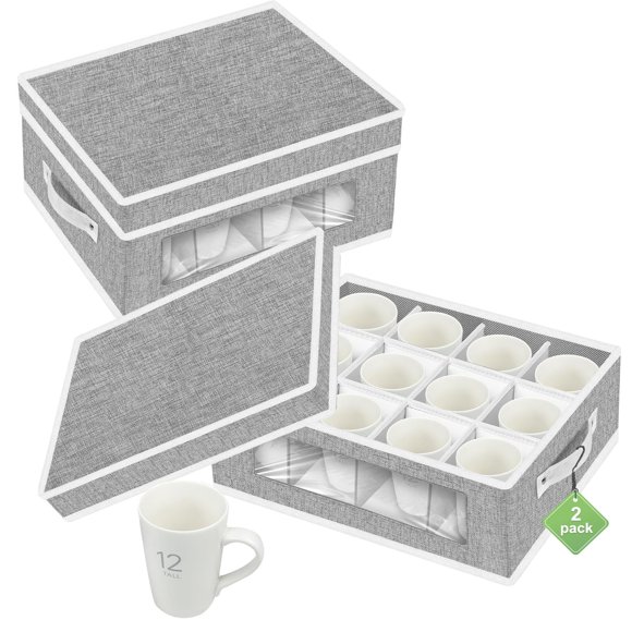 Lot de 2 Boîtes de Rangement pour Tasses et Tasses à Café avec Séparateurs, Contenants de Rangement en Porcelaine à Coque Rigide avec 24 Compartiments pour Déménagement et Protection de Tasses