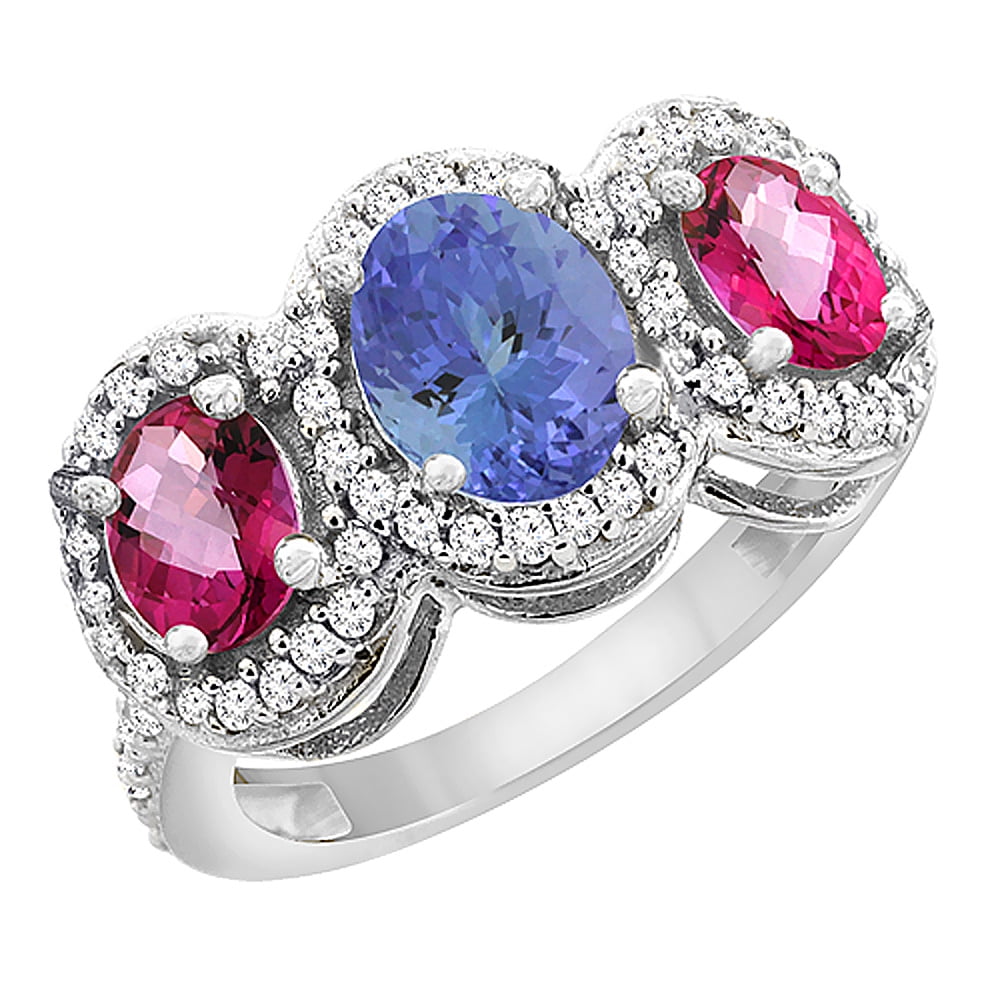 10K White Gold Natural Tanzanite & Pink Topaz 3-Stone Ring Oval Diamond Accent, size 5.5 by Gabriella Gold