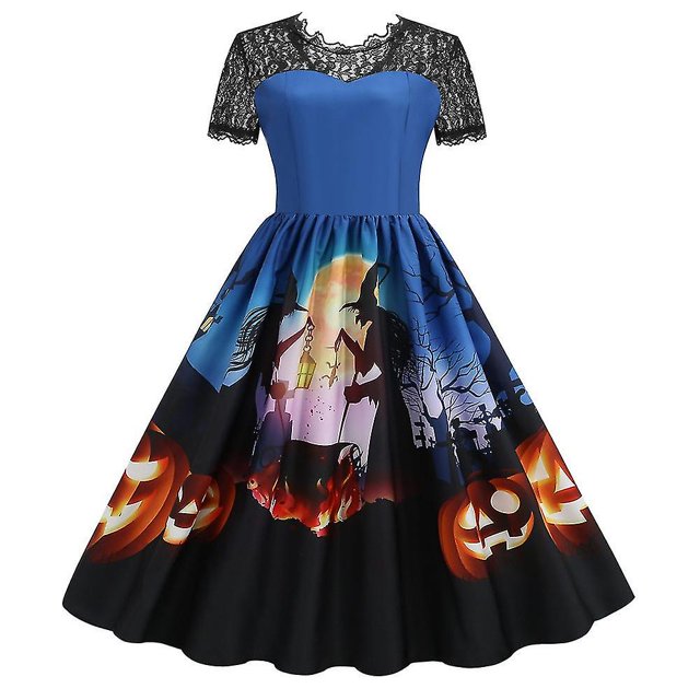 Vestido Retro de encaje para Halloween, disfraces de mujer de manga corta de los años 50 y 60, vestidos de fiesta Vintage con calavera y bruja, ropa aterradora para Halloween, Cosplay