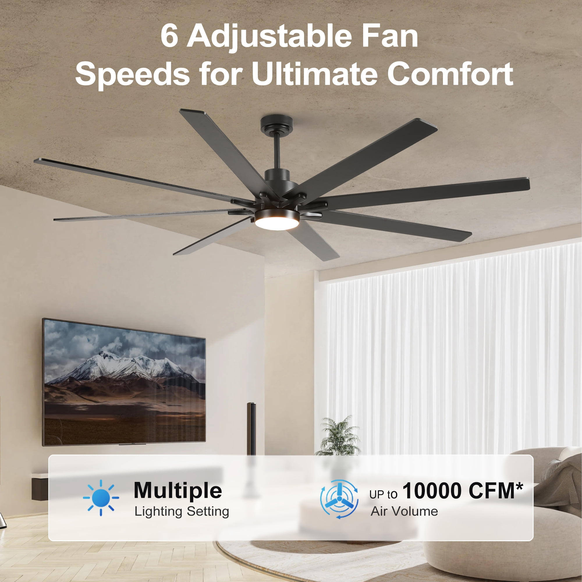 Ceiling Fan with Light, 84 Inch Extra Large Dimmable Fan for Big Indoor Space Living Hall, Matte Black Wood