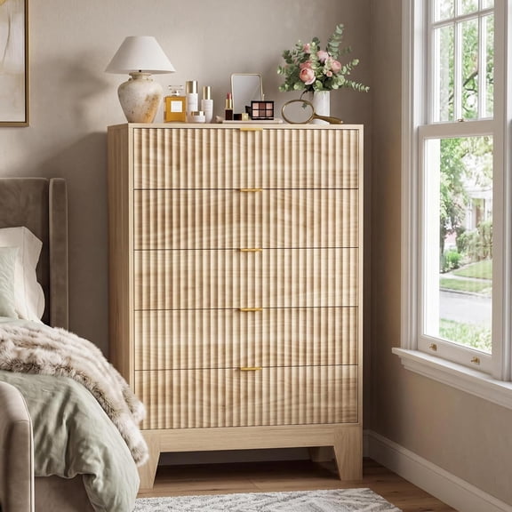 Fluted 5 Drawers Dresser, 47.5 Inch Tall Chest of Drawers with Metal Handles, Modern Storage Cabinet Organizer for Bedroom, Living Room, Hallway,Natural