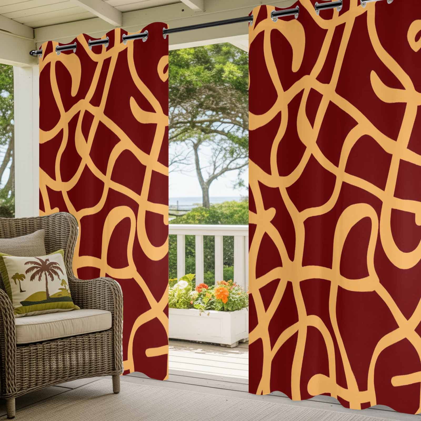 Abstract Line Outdoor Curtains for Patio, Retro Pattern Orange Wave Line Art Red Minimalist Sunshade Privacy Drapes Grommet Waterproof Outside Curtains for Porch/Cabana/Balcony 54"x 108", 1 Panel