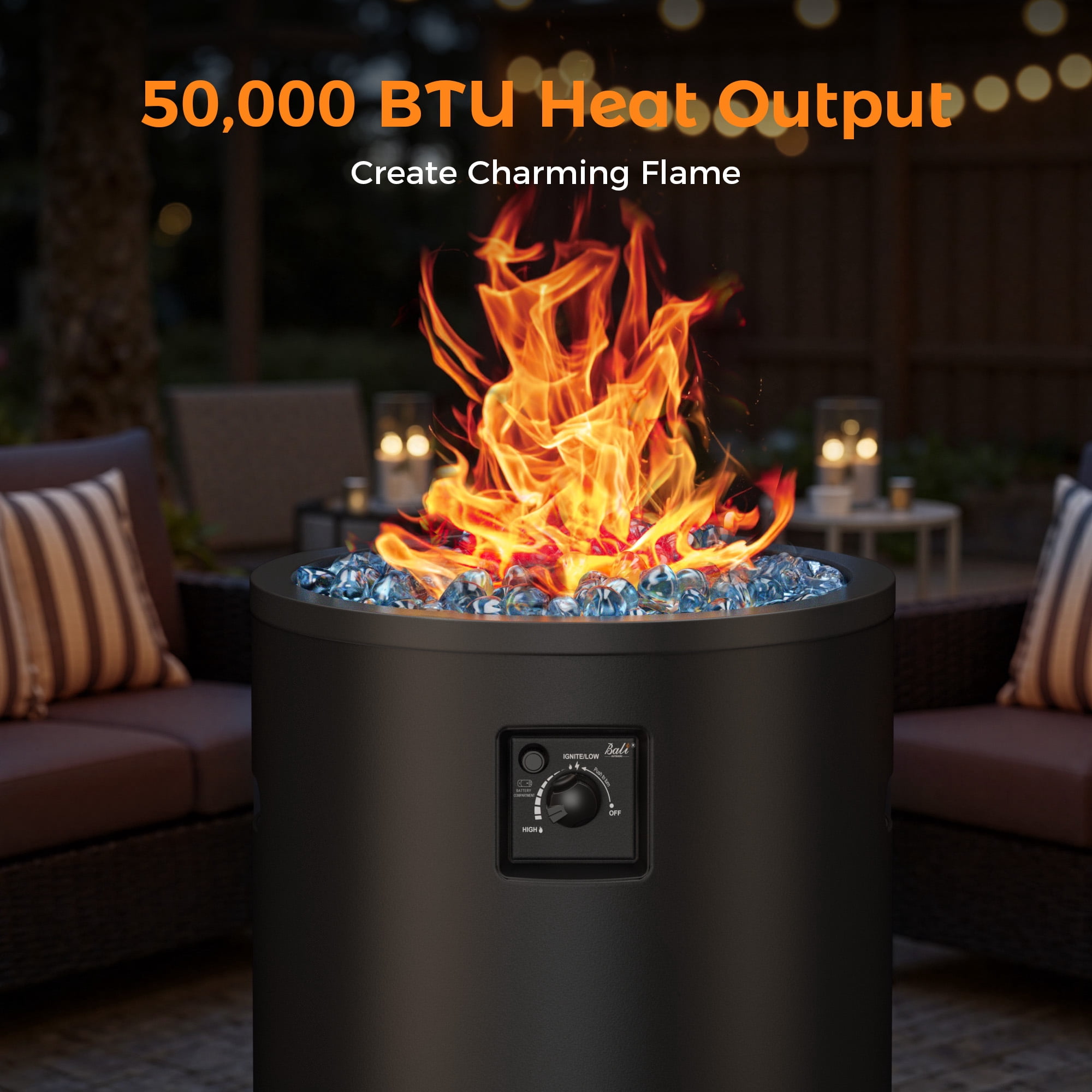 BALI OUTDOORS 23" Gas Fire Pit Propane Fire Column, 50,000BTU Round Propane Fire Pit Table with Glass Stones