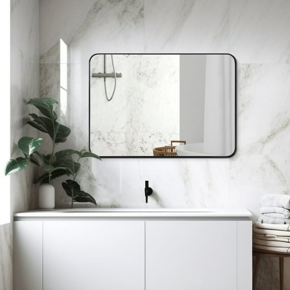 Large Bathroom Mirror 30x22 Inch, Black Metal Framed Vanity Mirror with Rounded Corners, Wall Mounted, Anti-Rust, Tempered Glass, Perfect for Bathroom Decor, Hangs Horizontally or Vertically