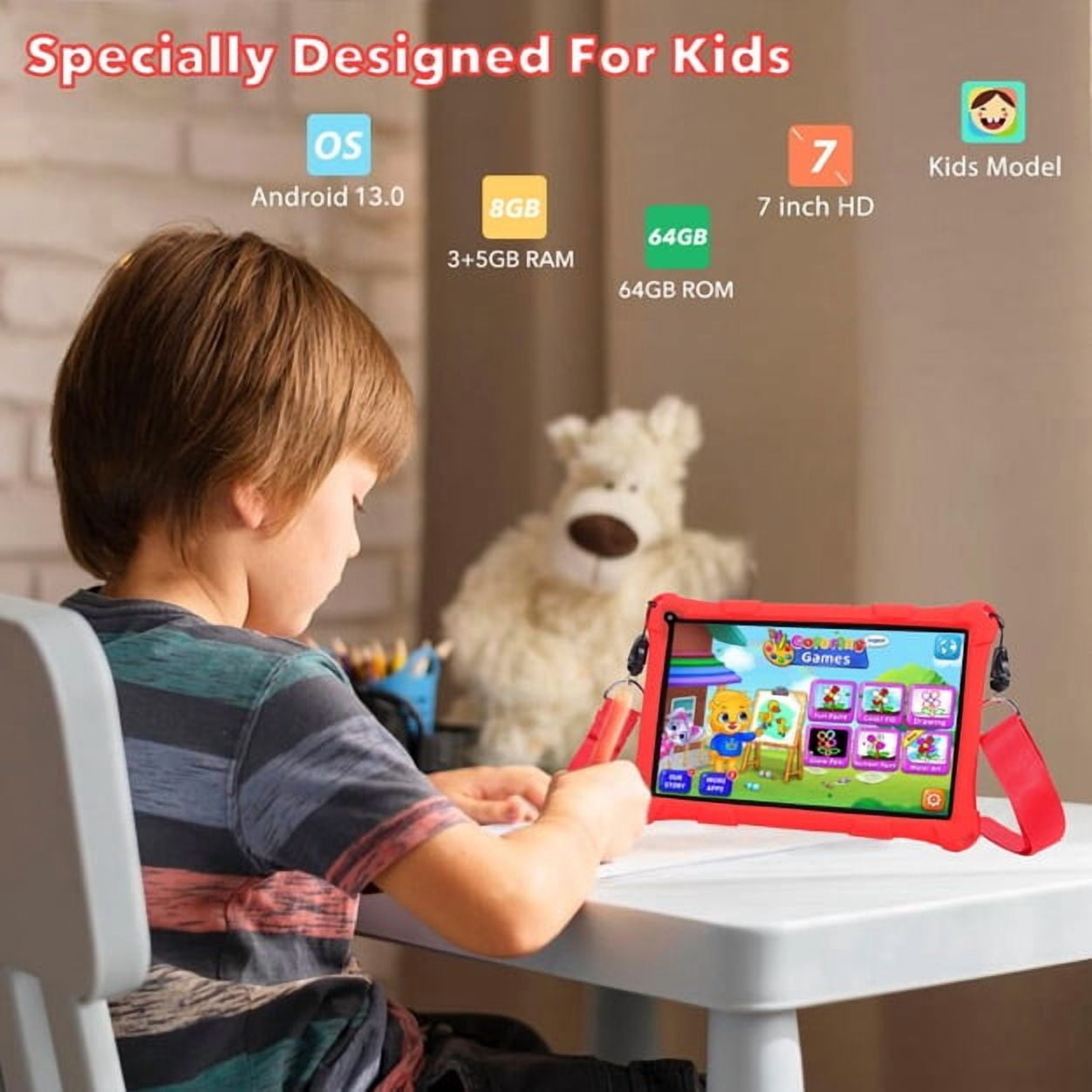 Thunrlge Kids Tablet, 7-Inch Kids Tablet, Android Tablet, 3+5 RAM 64GB ROM (TF CARD 256GB) Google Certified, Kids Software Pre-Installed, WiFi, Shockproof Case, Gift for kids, (Red)
