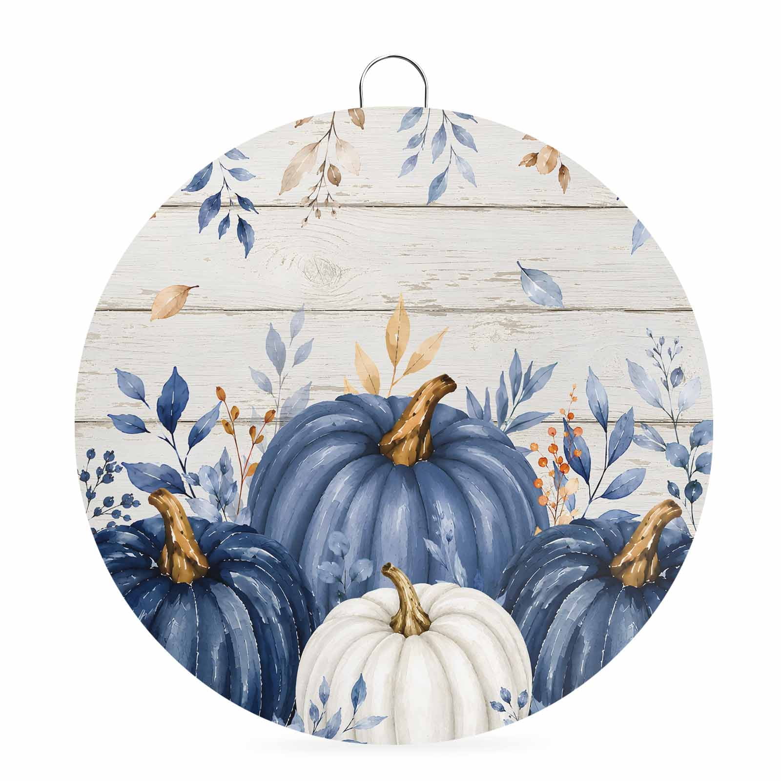 Welcome Sign Front Door Decorations Blue White Pumpkin Fall Round Wall Art Outdoor Metal Wreaths Thanksgiving Eucalyptus Wooden Seasonal Hanging Sign for Home Porch Decor Warming Gift 8 In
