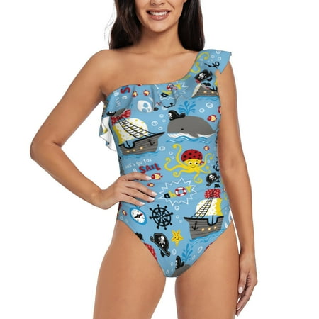 Lukts Pirate Marine Animals Women One Piece Swimsuits Tummy Control One Shoulder Bathing Suits Ruffle Swimwear-XX-Large