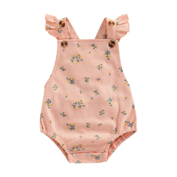 Infant Baby Girls Waffle Romper Floral Print Ruffles Sleeveless Strap Bodysuits Summer Backless One-Piece Clothes