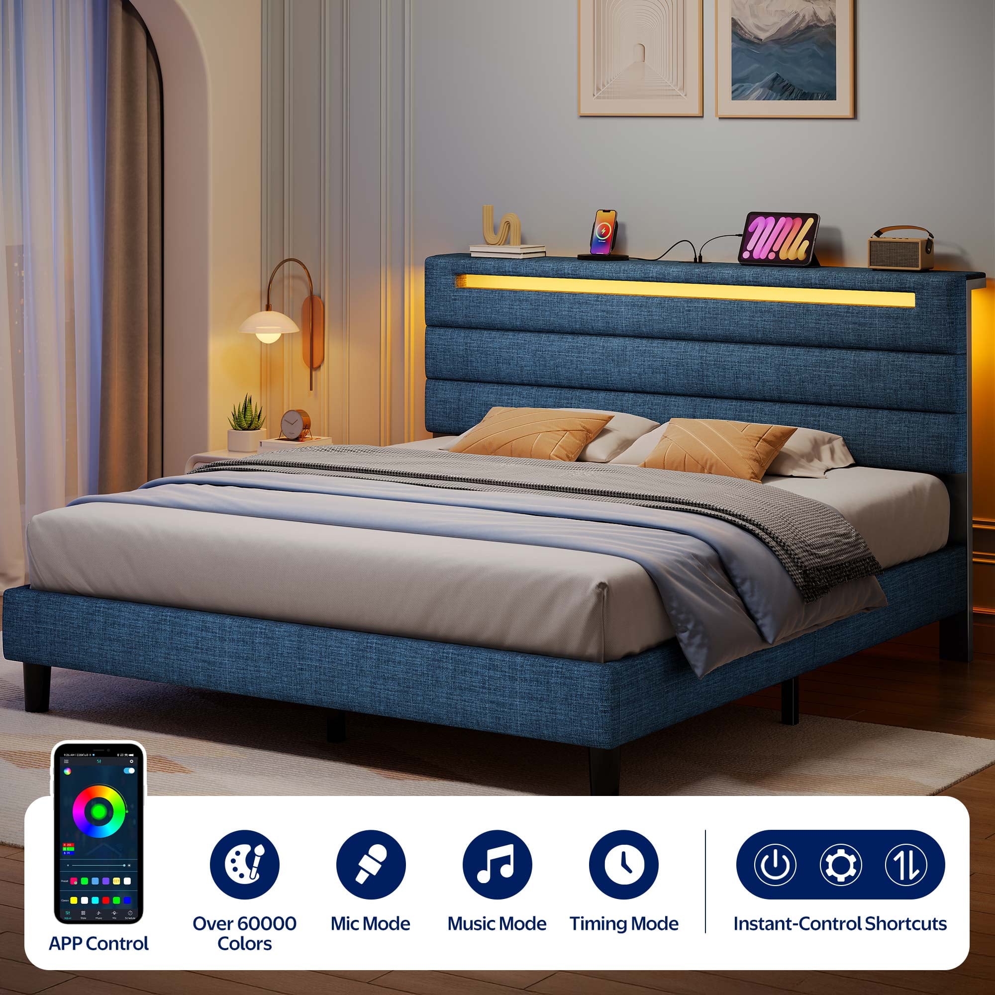 Greenstell Full Size Bed Frame with Upholstered Storage Headboard and LED Light, Bed Platform with Charging Station, USB Ports, Under-bed Storage, Blue