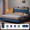 thumbnail image 3 of Greenstell Queen Size Bed Frame with Upholstered Storage Headboard and LED Light, Bed Platform with Charging Station, USB Ports, Under-bed Storage, Blue, 3 of 8