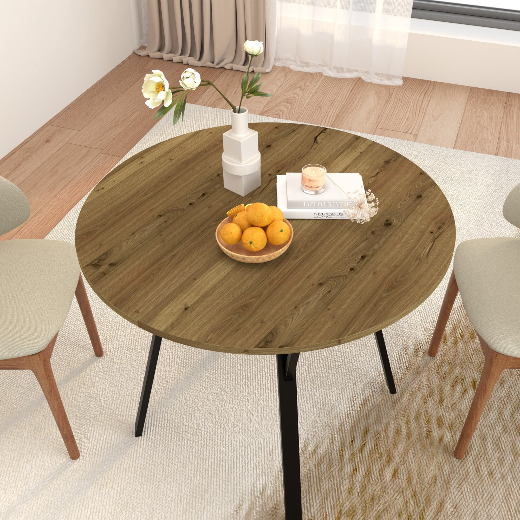 Modern Round Dining Table,35.43" Small Circle Kitchen Table with Metal Black Legs for 2-4 people,Brown