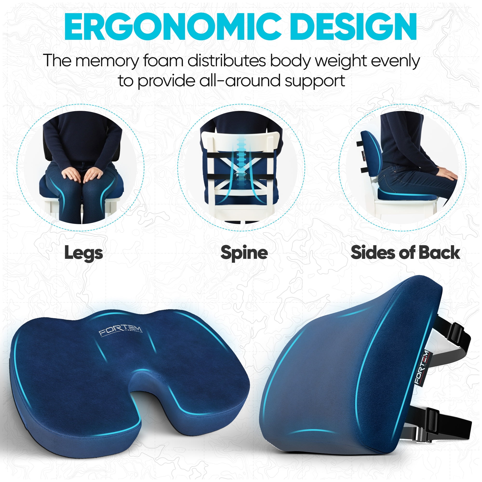 FORTEM Seat Cushion, Office Chair Cushion, Lumbar Support Pillow for Office Chair, Memory Foam Car Seat Cushions, Sciatica Coccyx Tailbone Pain Relief, Cushions for Back Support, Washable, Non Slip