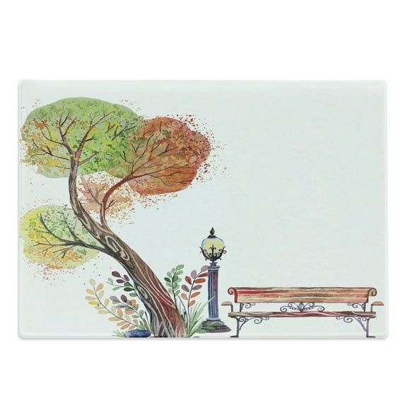 Forest Cutting Board, Autumn Day in the Park with Fall Leaves and Trees Hand Drawn Style Vintage Picture, Decorative Tempered Glass Cutting and Serving Board, Large Size, Green Brown, by Ambesonne