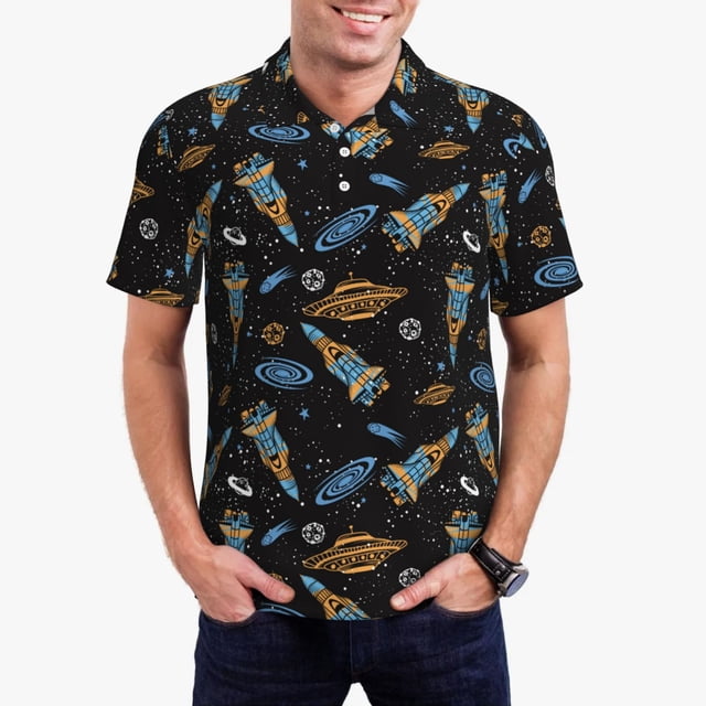 Fotbe Space Rocket Camiseta Polo de Golf para Hombre con Estampado – Camisa Deportiva Transpirable con Cuello Abotonado-Medium