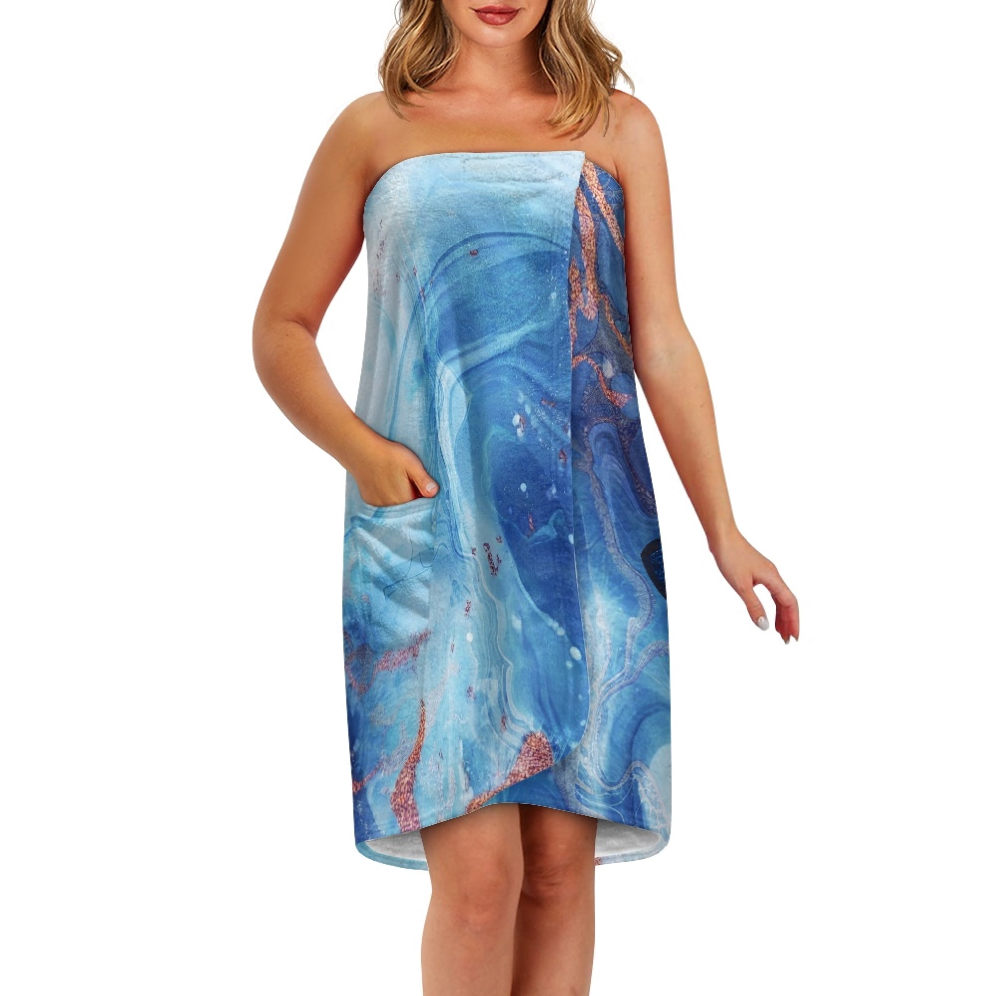 Yuyamidu Blue Marble Print Bath Towel Wrap for Women Size XL Quick Dry Spa Towel Wrap Elastic Top Shower Wrap Towels Comfortable Knee Length Bath Towels Home Washcloth
