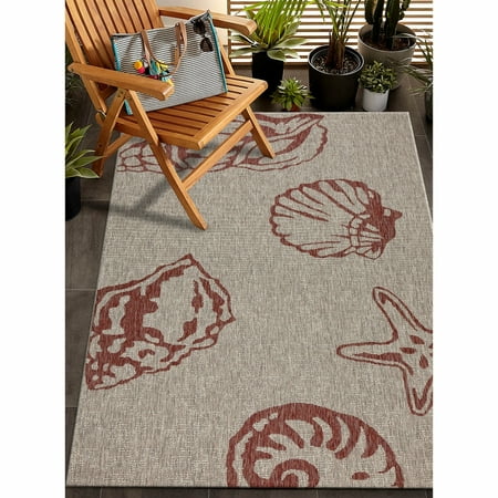 Outdoor Beach Rugs LR Home Captiva Red / Beige 7 ft. 9 in. x 9 ft. 5 in. Polypropylene Coastal Marine Beach Style Modern Contemporary Jewel Beach Shell Indoor/Outdoor Area Rug ()
