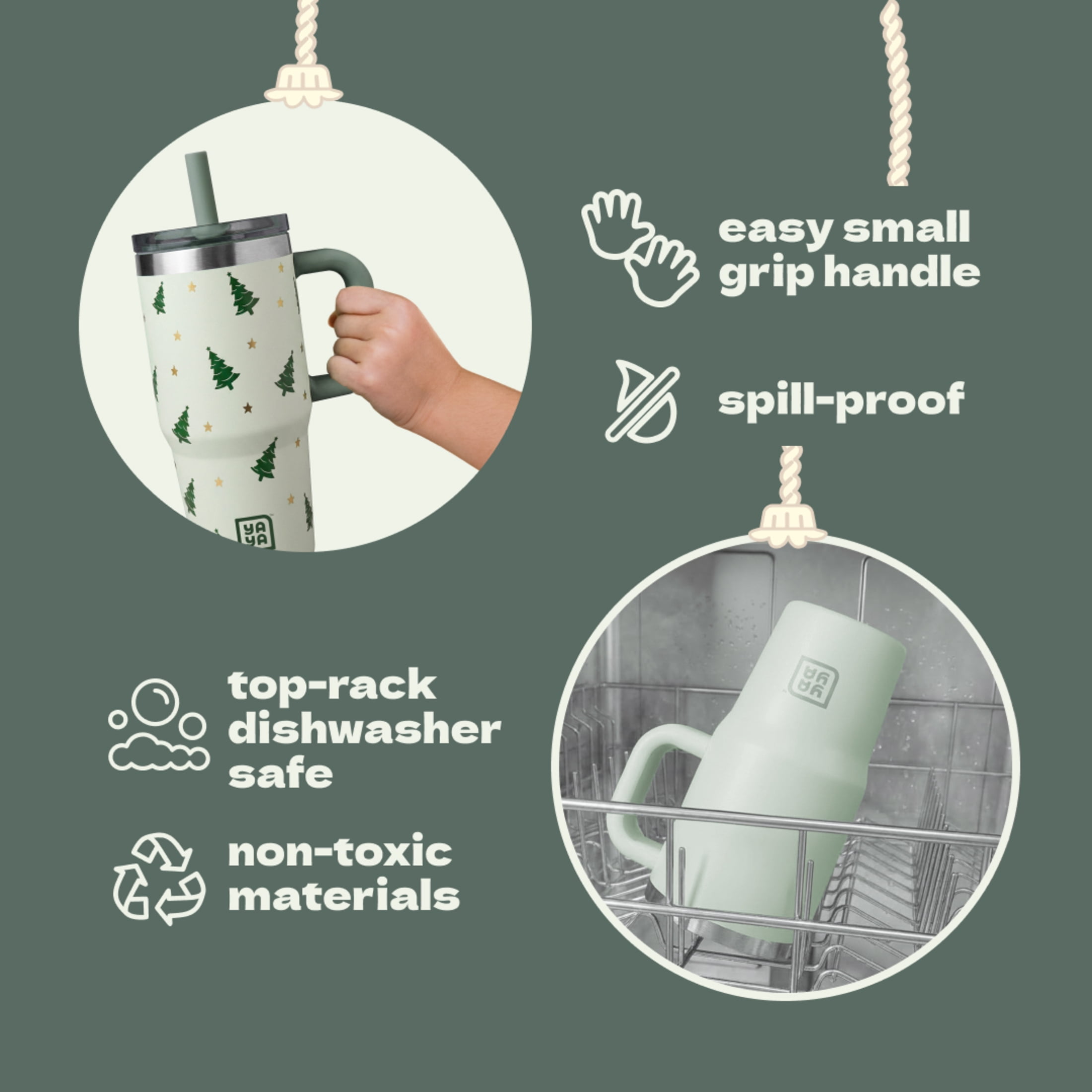 YAYA My First Travel Tumbler for Preschool & Kids 3+, Insulated Stainless Steel Tumbler with Reusable Silicone Straw & Spill-Proof Lid, Cup Holder Compatible, BPA-Free, 12oz, Trees