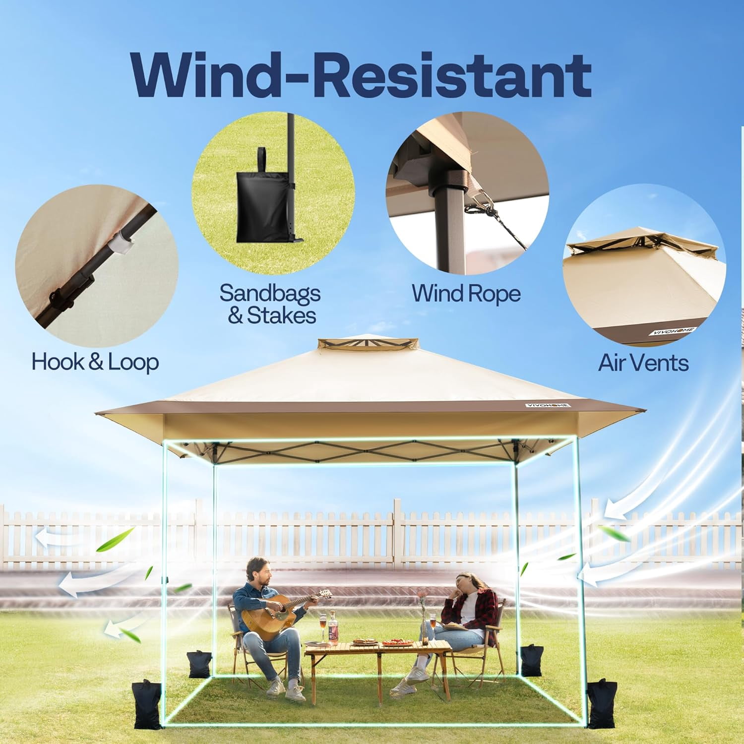 SPECSTAR 10x10ft Pop Up Gazebo Tent One Push Setup Canopy Tent Heavy Duty with Wheel Carry Bag and 4 Sandbags, 2 Tiers Roof for Patio Garden Backyard, Beige