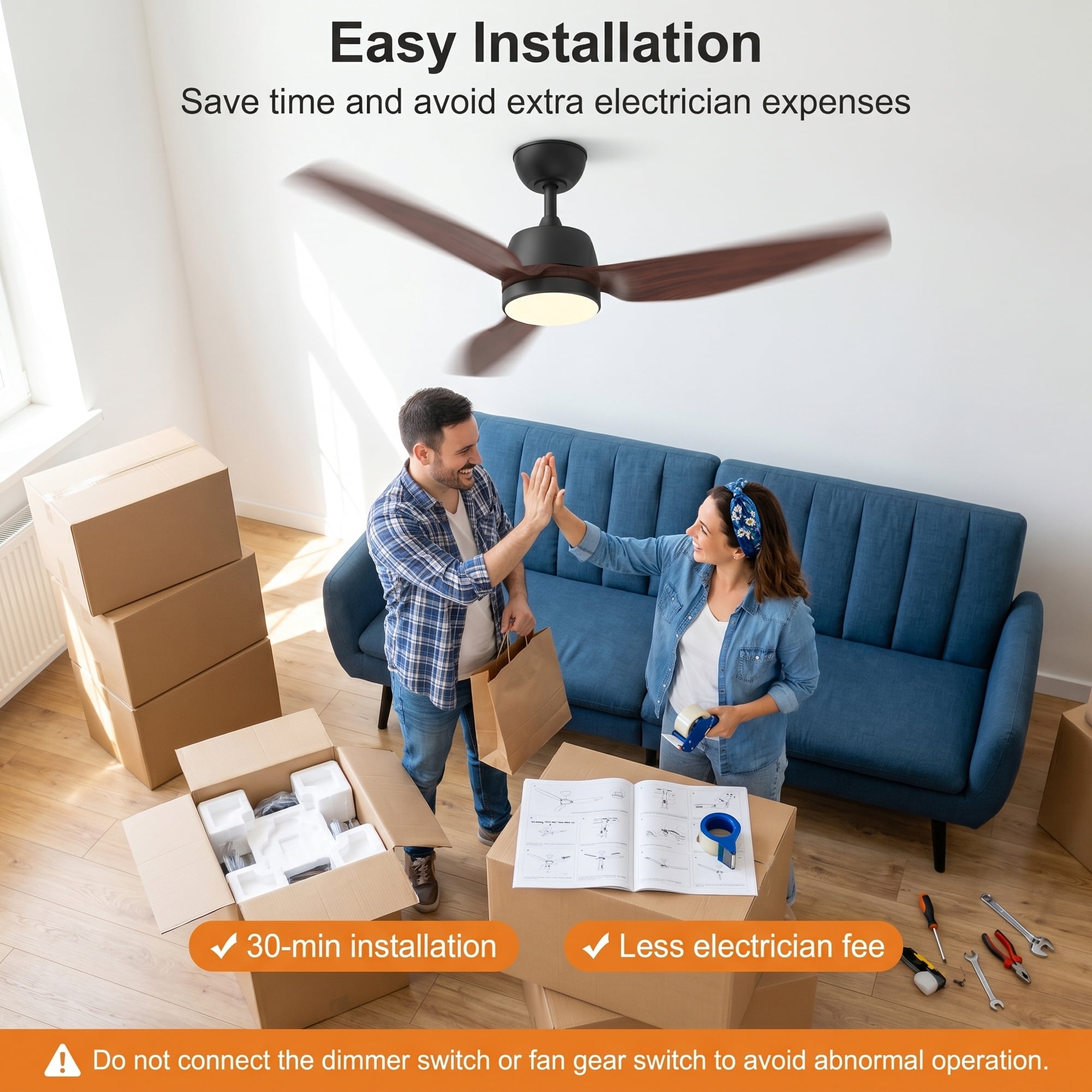 Ceiling Fans with Lights, 56 inch Ceiling Fan with Light and Remote Control, Flush Mount, 3CCT, Dimmable, Quiet Reversible Motor, Black Ceiling Fan for Bedroom Indoor/Outdoor Use